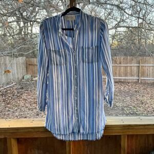 Cloth & Stone Blue And White Striped Long Sleeve Linen Blend Tunic Top Size XS